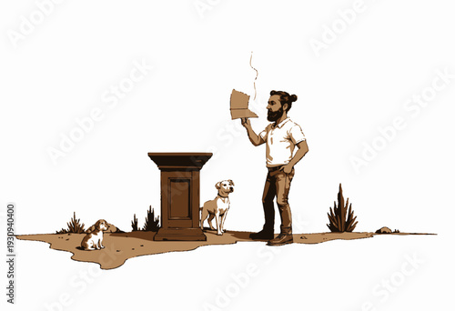 Man Holding Paper Next to Lectern with Two Dogs in an Outdoor Desert Scene with Sparse Vegetation