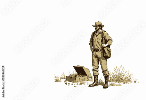 Explorer Discovers Ancient Treasure Chest Filled with Gold Coins in a Remote Grassy Field on a Sunny Day while Wearing Traditional Adventurer Garb