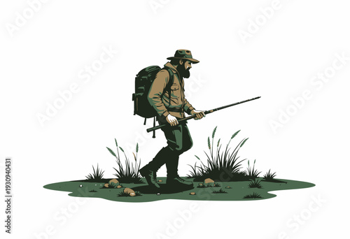 Illustration of an Outdoorsman Wearing Hiking Gear and Hat Walking Through Grass with Backpack and Stick