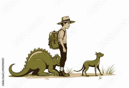 Explorer with a Backpack and His Two Unusual Companions, a Diminutive Dinosaur and a Quirky Green Dog, Adventuring in a Minimalistic Natural Setting