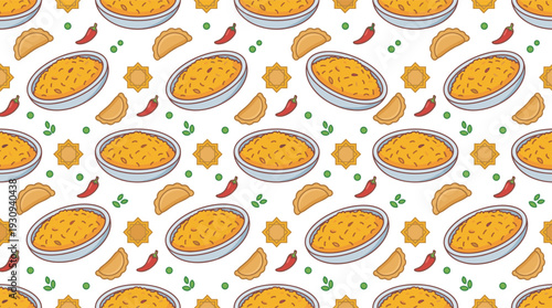 Delicious Middle Eastern food pattern features traditional dishes, savory pastries, spicy chili peppers, and intricate geometric star shapes for cultural design.