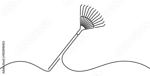 Leaf rake garden tool for effective yard cleanup, depicted in a simple continuous line art style, perfect for various design projects.