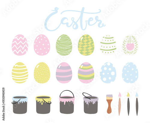 Painted, died Easter egg, paint bucket, brush, illustration isolated set. Holiday clip art collection, Easter celebration, egg hunt, tradition, seasonal card, banner. Flat vector design element.