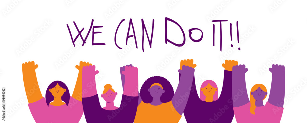 Fototapeta premium Diverse beautiful happy women friends together. Female characters. Feminism, empowerment, girl power, gender equality concept. 8 March, Womens Day design element, banner. Flat vector illustration
