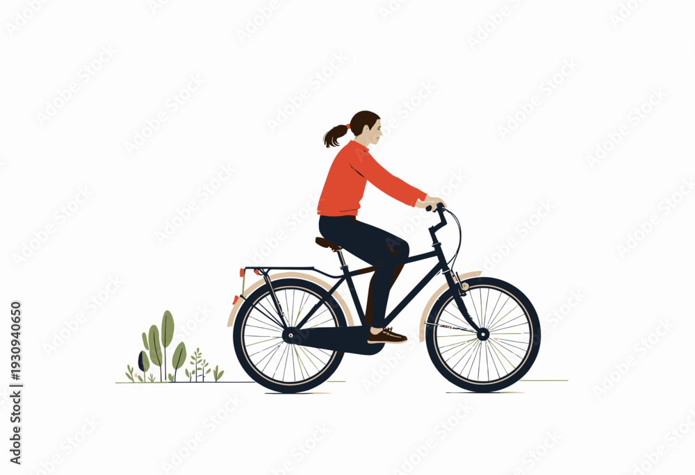 Fototapeta premium Person Riding a Bicycle on a Clear Day with Minimalistic Background and Sparse Greenery for Leisure or Transportation