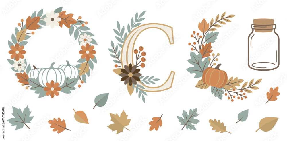 Obraz premium Autumn harvest elements collection featuring wreaths, decorative letter, pumpkin, jar, and various fall leaves.