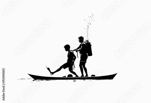 Silhouette of Two People Canoeing on Calm Water with Sandbox Elements and Backpack in Minimalist Artistic Style