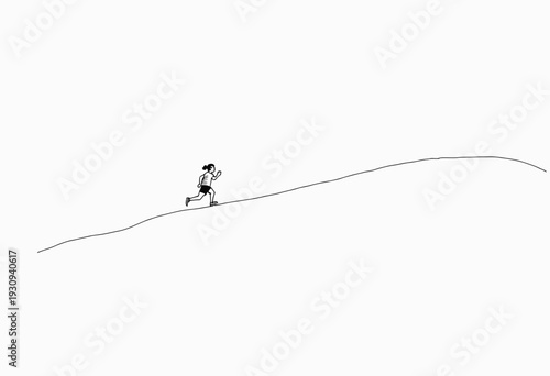 Minimalistic Illustration of a Trail Runner Conquering a Steep Path Against a Vast, Serene White Background Signifying Determination and Solitude