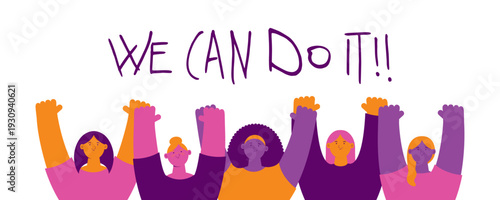 Diverse beautiful happy women friends together. Female characters. Feminism, empowerment, girl power, gender equality concept. 8 March, Womens Day design element, banner. Flat vector illustration