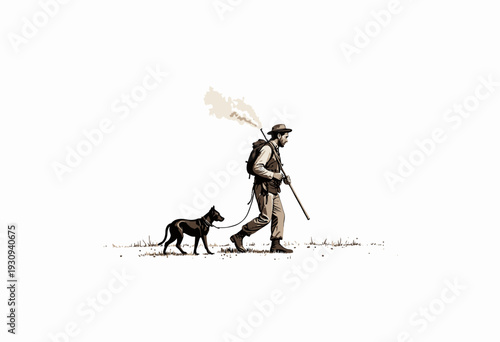 A lone adventurer wearing a wide-brimmed hat and carrying a walking stick, trekking alongside a loyal black dog across an open grassy landscape.