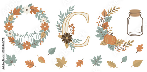 Autumn harvest elements collection featuring wreaths, decorative letter, pumpkin, jar, and various fall leaves.