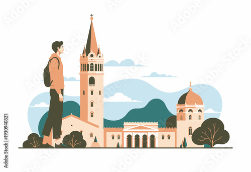 Traveler in yellow jacket with backpack gazing at the magnificent architectural landmarks of an ancient historical city with beautiful mountain backdrop