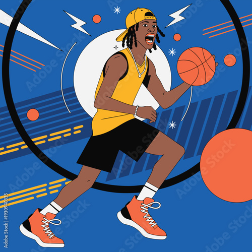 A cartoon man in a yellow jersey is dribbling a basketball
