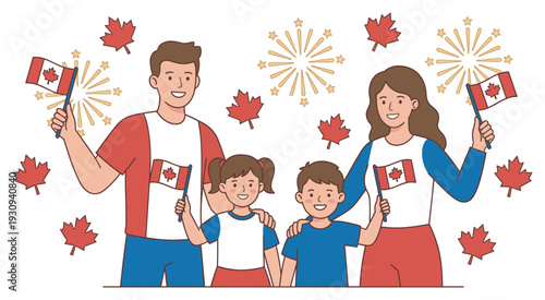Canadian family celebrates national holiday with flags and fireworks, surrounded by festive maple leaves and sparkling stars.