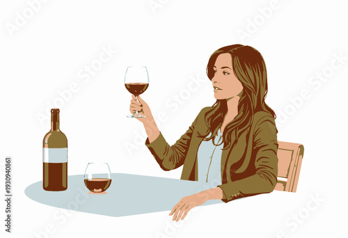 Woman Enjoying a Glass of Red Wine While Seated at a Table with an Open Bottle and Additional Glass in a Relaxed Setting