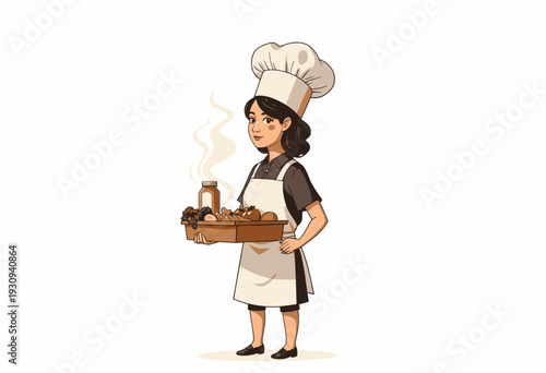 Illustration of a Chef Carrying a Tray of Fresh Ingredients and a Jar of Honey with Steam Rising in a Kitchen Setting