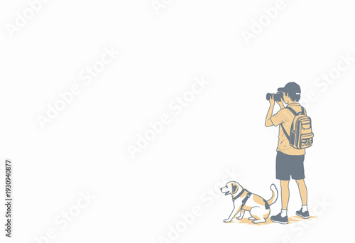 Young explorer with backpack and binoculars observing nature accompanied by loyal dog in outdoor setting, symbolizing adventure and companionship