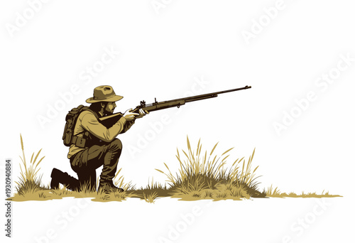 Illustration of a Hunter Kneeling with Rifle in Grasslands Displaying Outdoor Adventure and Wilderness Skills