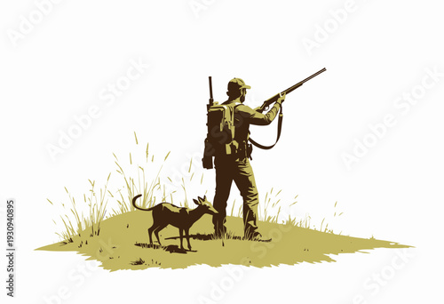 Outdoor Enthusiast Standing with Rifle and Backpacked Supplies as Loyal Dog Companion Sniffs Ground on Grassy Mound in Isolated Wilderness Setting
