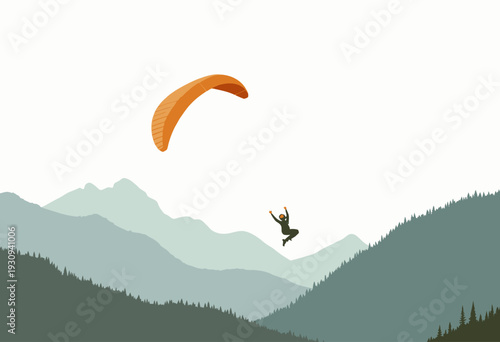 Exhilarating Paraglider Soars Over Majestic Mountain Ranges Amidst Crisp White Sky and Lush Green Forested Valleys Capturing Adventure and Freedom