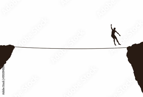 A daring individual attempts a high wire crossing between two towering cliffs, showcasing balance and courage against a stark white sky backdrop.