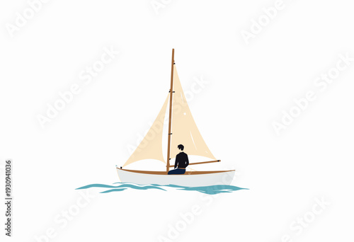 Illustration of a person sailing alone in a small wooden sailboat with a large tan sail set against a minimalist white background on calm blue waters