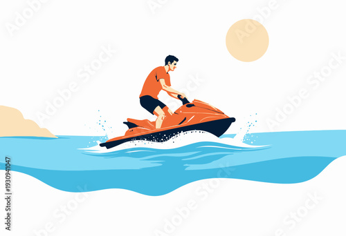 Man Riding Vibrant Red and Yellow Jet Ski Over Sparkling Blue Ocean Waves Under Bright Sunlit Sky