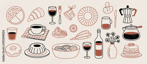 Assorted coffee cups and related items in a playful and artistic illustration. isolated on white background, Vector, illustration