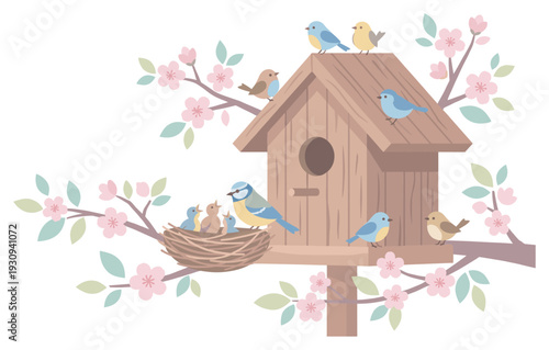 Cute colorful birds and birdhouse on a blooming tree branch with a mother bird feeding her hungry chicks in a nest.