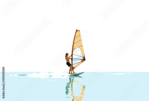 Solitary Windsurfer Gliding Across Tranquil Waters on a Bright Day with Clear Skies and Minimal Waves in a Serene and Inviting Coastal Scene