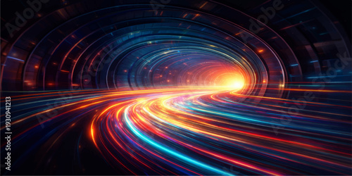 An abstract tunnel of lights features a glowing orange and red fire swirl, creating a vibrant spiral pattern with wave motion and fractal energy against a black space backdrop design
