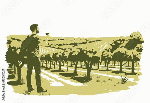 Young man enjoying a glass of wine while exploring a picturesque vineyard landscape under a clear sky with lush greenery and rolling hills in the background