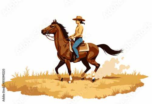 Cowboy Riding Robust Brown Horse Across Open Fields with Dust Trail Capturing Western Adventure and Equestrian Experience in Vivid Detail