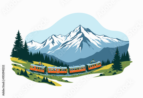 Vibrant illustration of a scenic train journey through lush green landscapes and towering snow-capped mountains under a clear blue sky