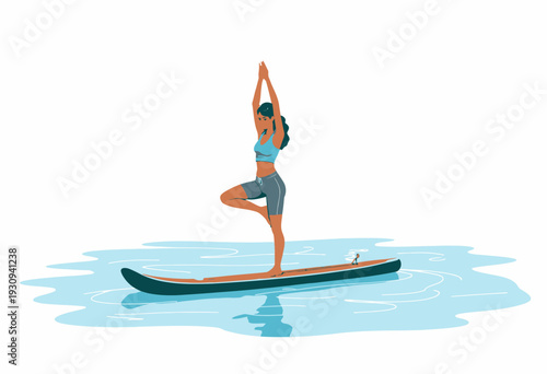 Woman Balancing in Tree Pose on Paddleboard Paddling Calm Waters During Peaceful Morning Yoga Session with Clear Sky and Gentle Breeze