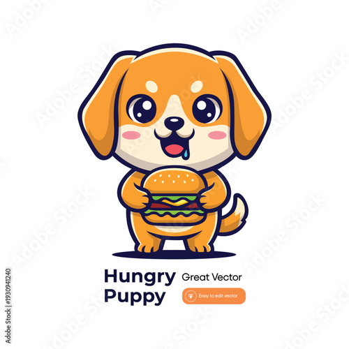 Fotografija Cute hungry puppy holding a juicy burger with eager expression