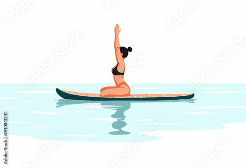 A Woman Practicing Yoga on a Paddleboard in Calm Waters During a Sunny Day, Blending Fitness and Relaxation in a Serene Outdoor Setting