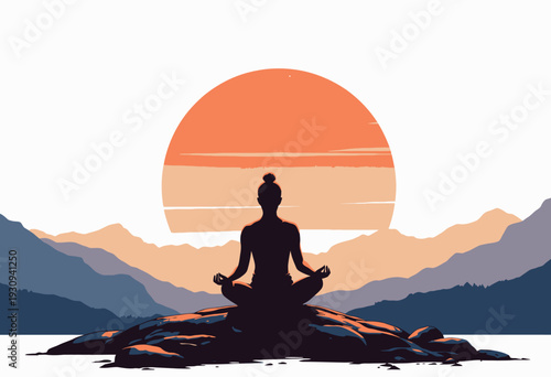 Silhouetted figure meditating on tranquil lakeside rock at sunset with vibrant sky and majestic mountain horizon creating serene and peaceful atmosphere