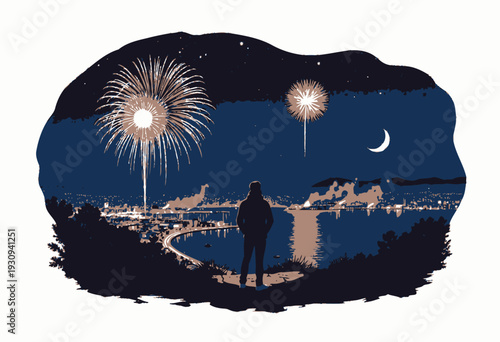 Silhouetted Figure Overlooking City with Fireworks Display under Night Sky, Illuminating the Scene and Reflecting off Tranquil Waters with Crescent Moon in View