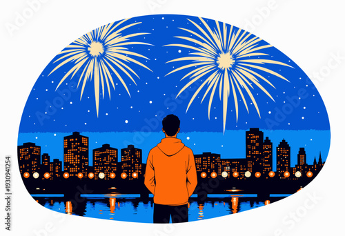 Silhouette of Person Admiring Vibrant Fireworks Over City Skyline Illuminated by Night Lights and Reflections Across Tranquil Waters Under a Starry Sky
