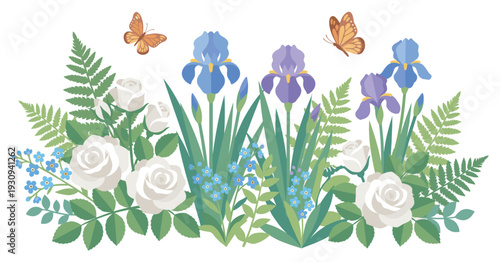 Elegant spring floral border with blooming irises, roses, and delicate butterflies fluttering among the green foliage.