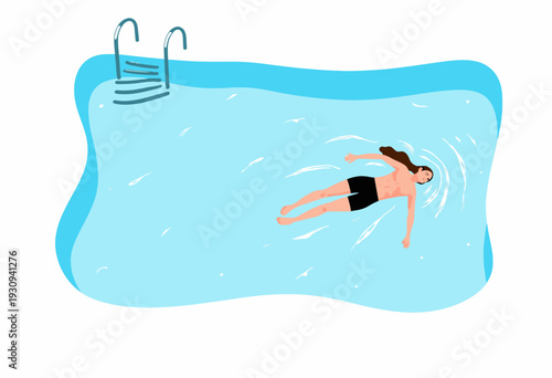 Illustration of a Person Relaxing Floating on their Back in a Crystal Clear Swimming Pool with Blue Water and Ladder