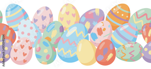 Colorful Easter eggs arranged in a festive horizontal border pattern, featuring various pastel hues and playful designs for spring celebrations.
