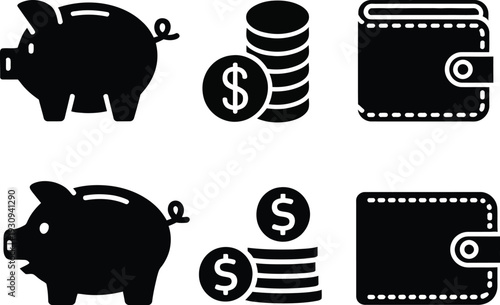 Financial icons including piggy banks wallets coins and currency