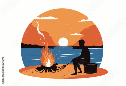 A serene illustration of a lone figure enjoying the tranquility of a beach campfire beside a sunset over calm ocean waters with a silhouette foreground.