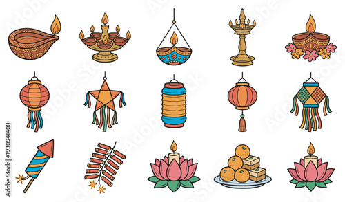 Diwali festival elements collection features traditional lamps, lanterns, and sweets, along with firecrackers and candles, perfect for celebrating the Indian holiday.