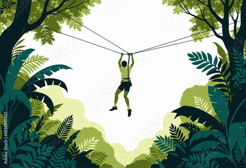 Adventurous Zipline Journey Amidst Lush Green Jungle Foliage with Enthusiastic Explorer Gliding Through Treetops Surrounded by Vibrant Nature and Thrilling Heights