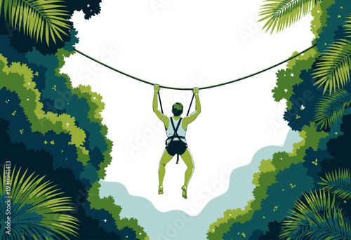 Illustration of a Person Ziplining Through Lush Green Jungle Filled with Vibrant Foliage and Tropical Trees Creating an Adventurous Natural Canopy Journey
