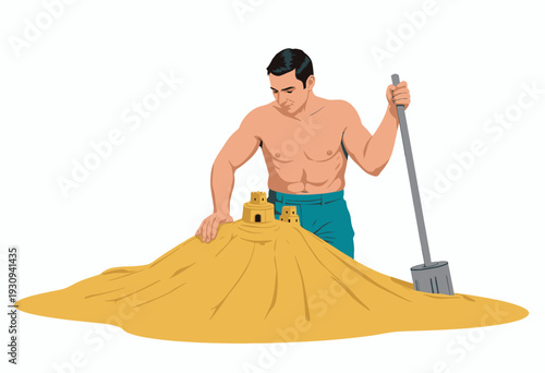 Man Building Sandcastles on the Beach with a Shovel Highlighting Creativity and Leisure Under the Sun