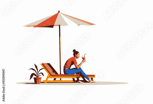 Serene Vacation Vibes: Woman Relaxing on Wooden Lounge Chair with Refreshing Drink Under Umbrella in Minimalist Outdoor Setting with Potted Plant
